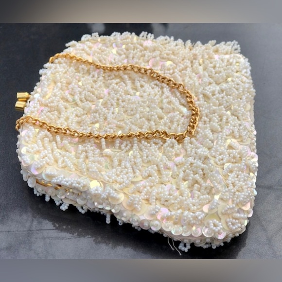 Vintage 1950s White Beaded Sequined Clutch Wristlet Handbag Coin Purse Satchel - Picture 6 of 8